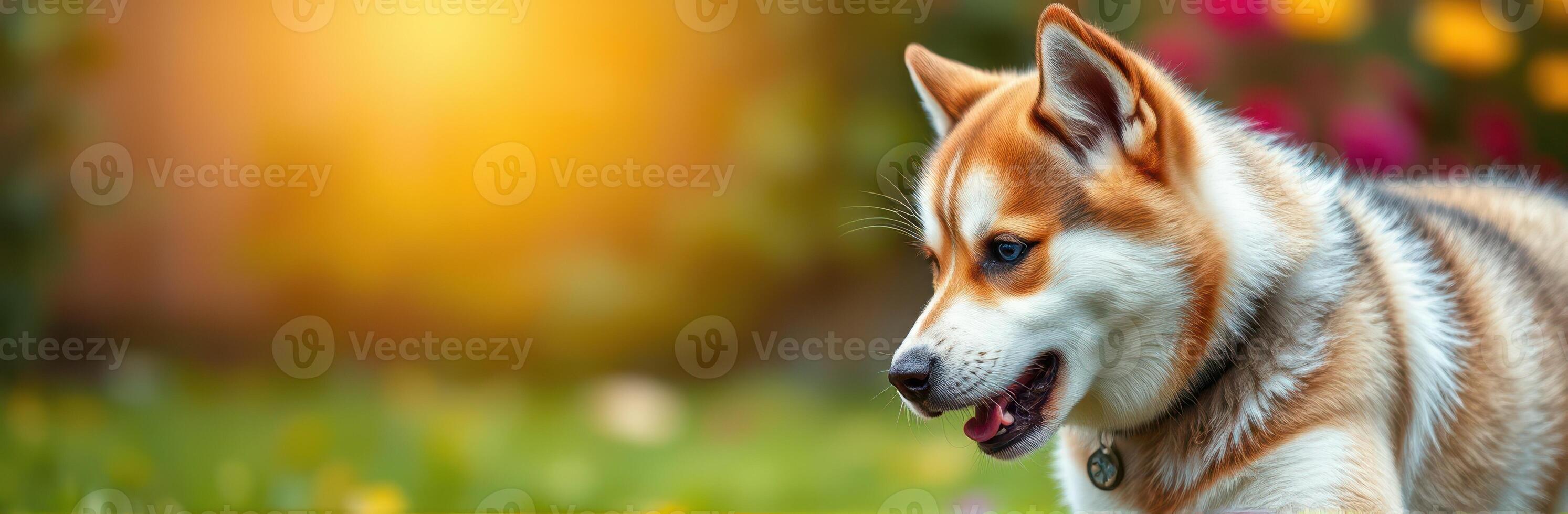 Corgi enjoying a sunny day in a blooming garden surrounded by colorful flowers photo