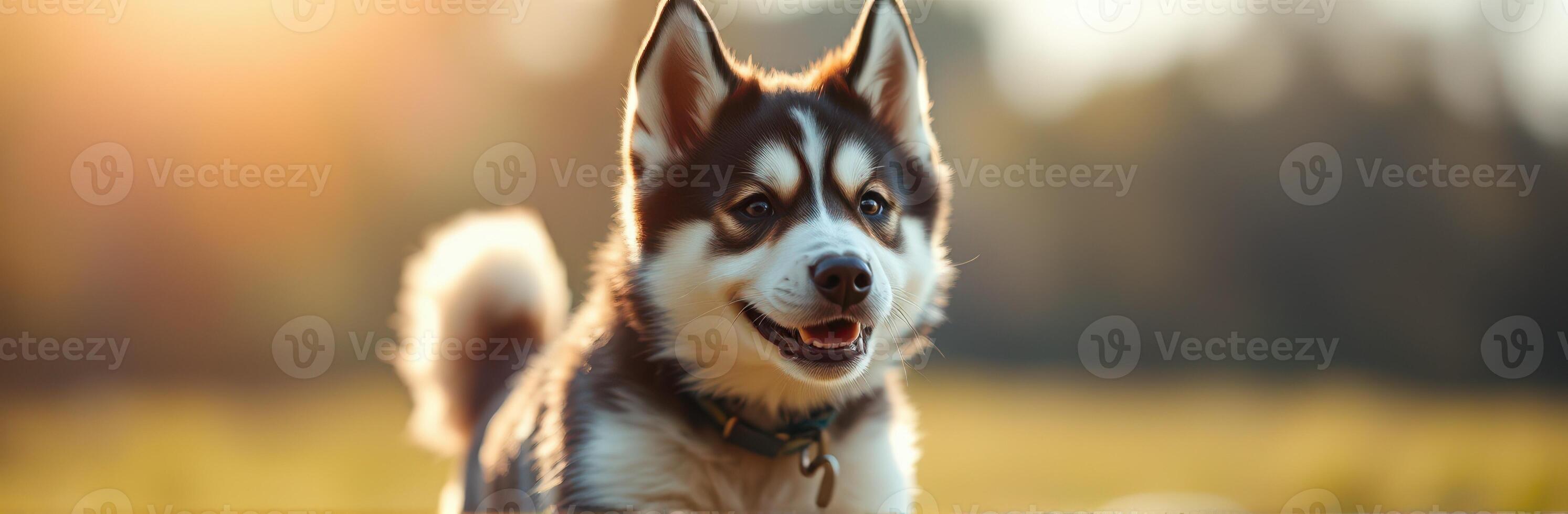 Happy dog running through a grassy field during golden hour among trees photo