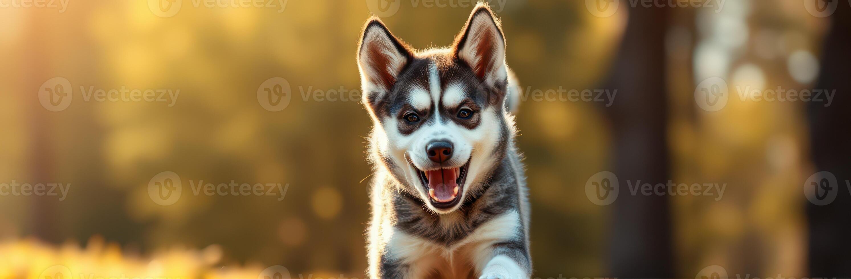 Happy husky running in a sunlit park during the golden hour with vibrant trees in the background photo