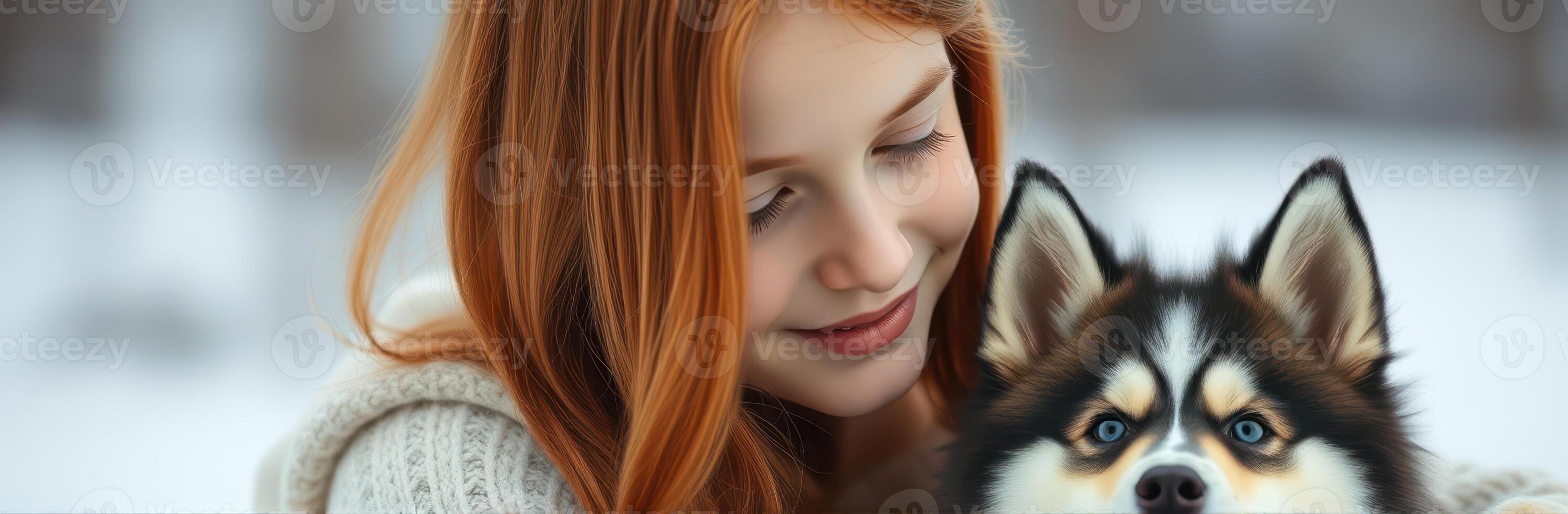 Young girl enjoys playful moment with her fluffy dog in snowy outdoor setting during winter afternoon photo