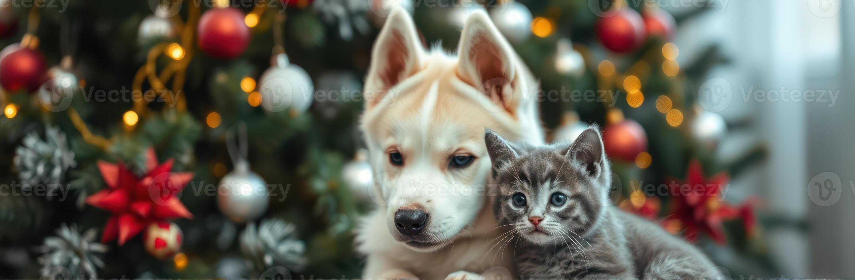 Cute puppy and kitten together by a decorated Christmas tree in a cozy home photo