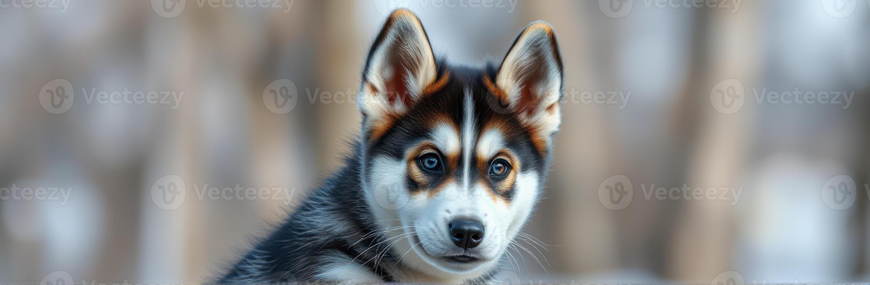 Stunning close-up of a husky puppy surrounded by a peaceful forest setting in winter photo