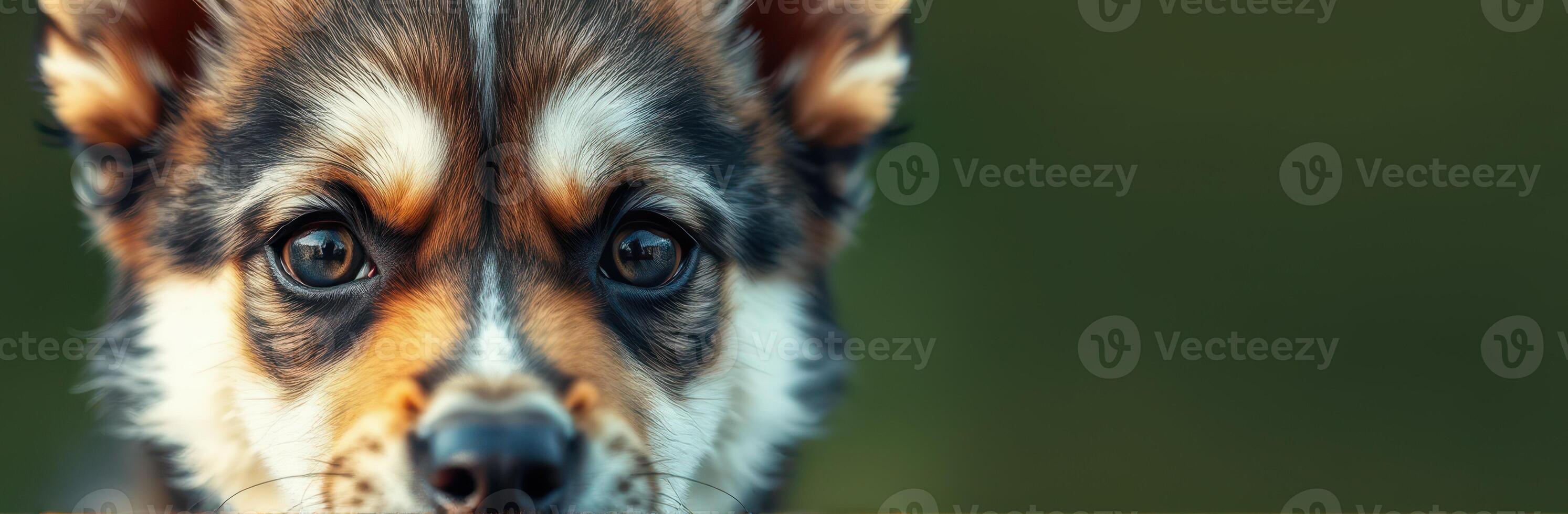 Close-up of an adorable dog with expressive eyes outdoors in soft natural light showcasing its unique fur pattern photo