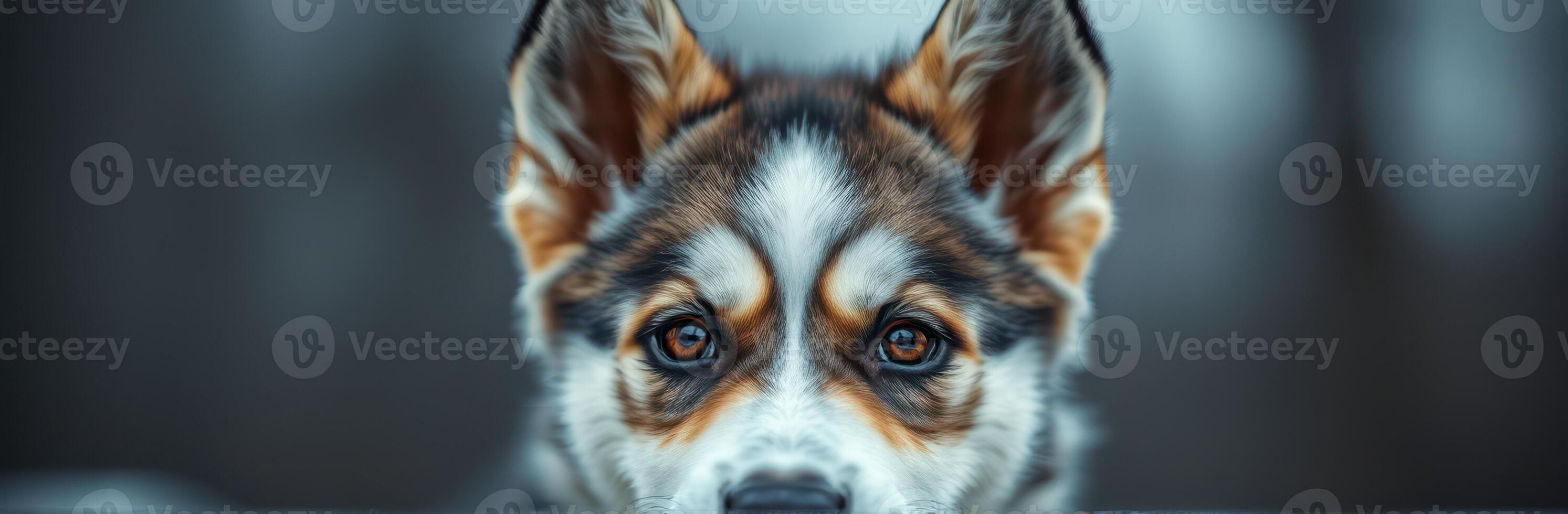 Curious dog peeking over a snowy surface on a winter afternoon in a serene forest setting photo