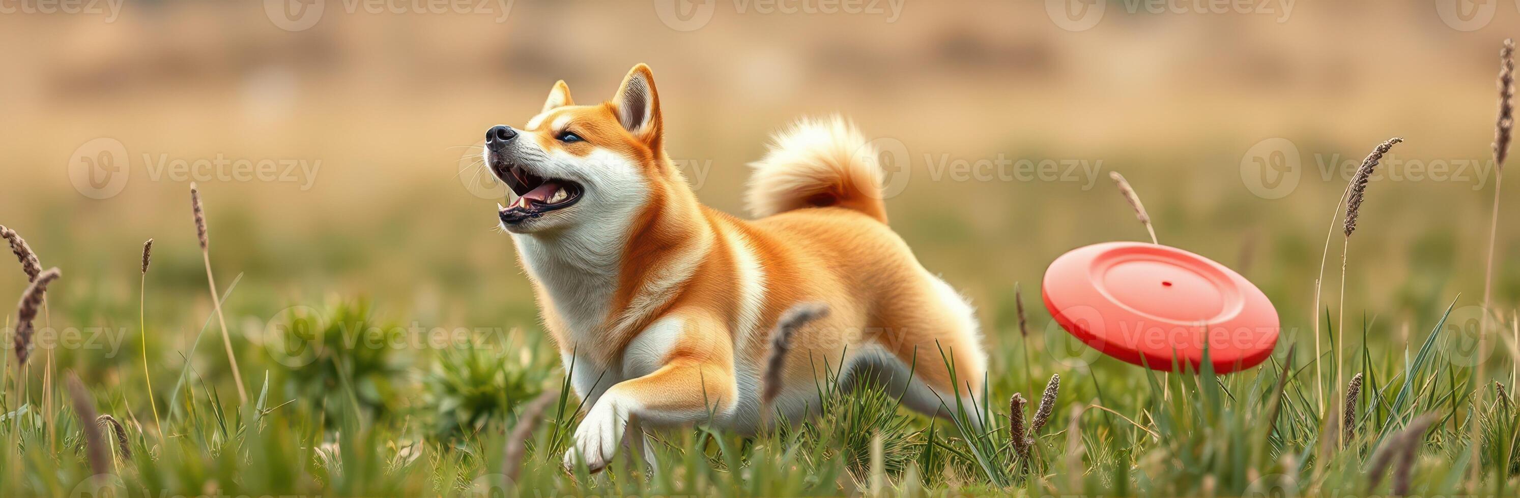 Shiba Inu joyfully chasing a frisbee in a lush green field during a sunny day photo