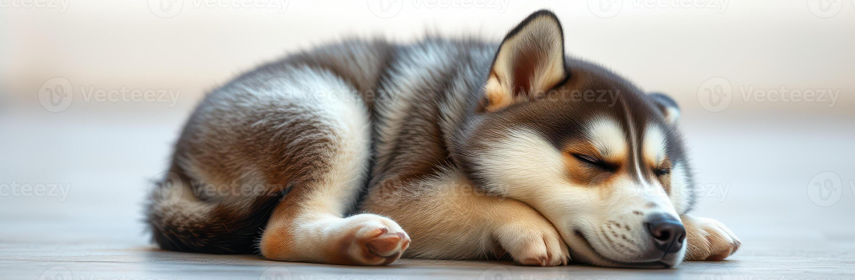 Cute husky puppy curled up and sleeping peacefully on a smooth floor in a cozy indoor setting photo