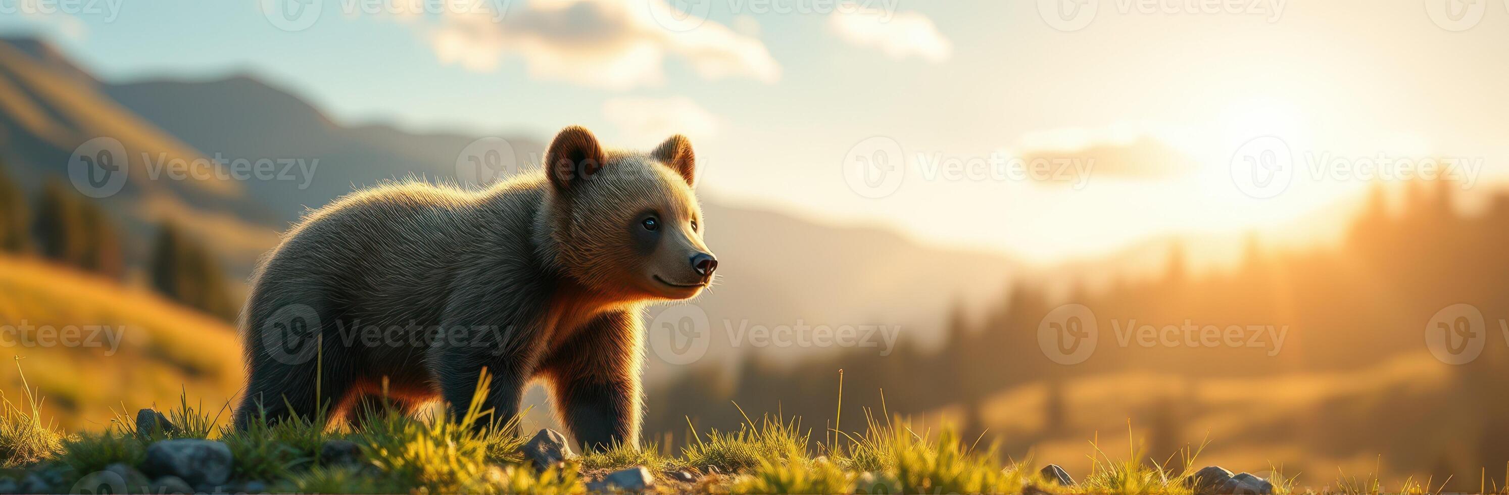 Young bear explores the golden meadow during a sunset in a picturesque mountain landscape photo