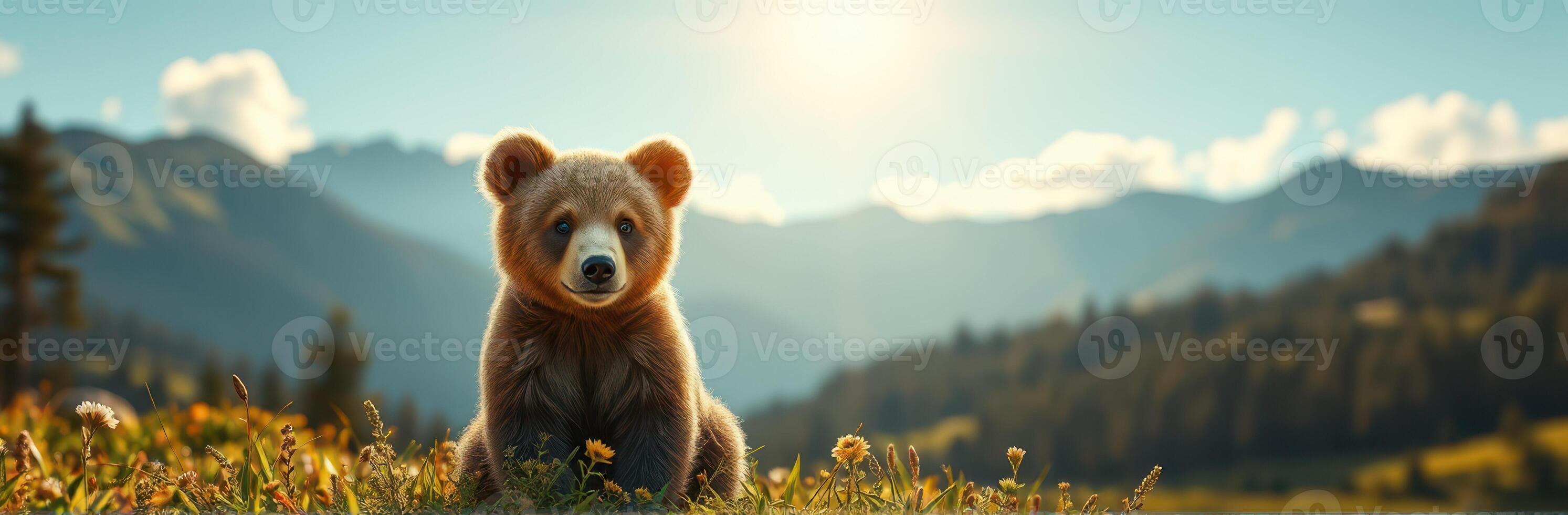 Young bear sitting in a sunlit meadow surrounded by mountains and flowers in the early morning photo