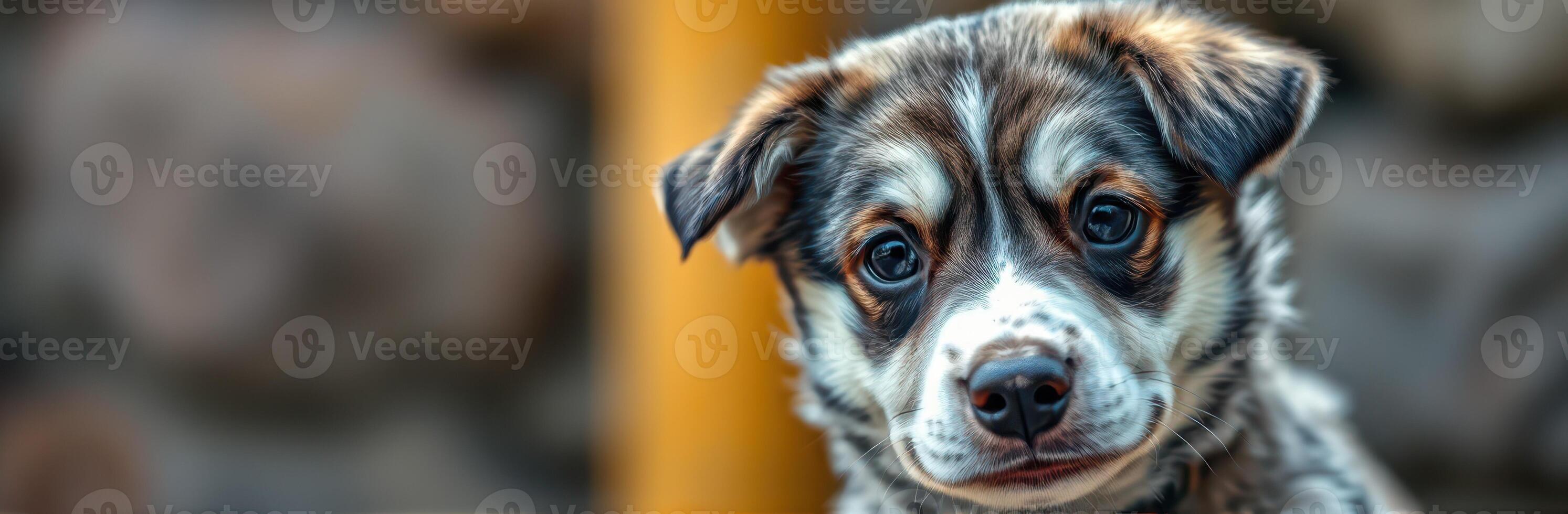Cute puppy with unique coat pattern sits attentively in a cozy setting with blurred background photo