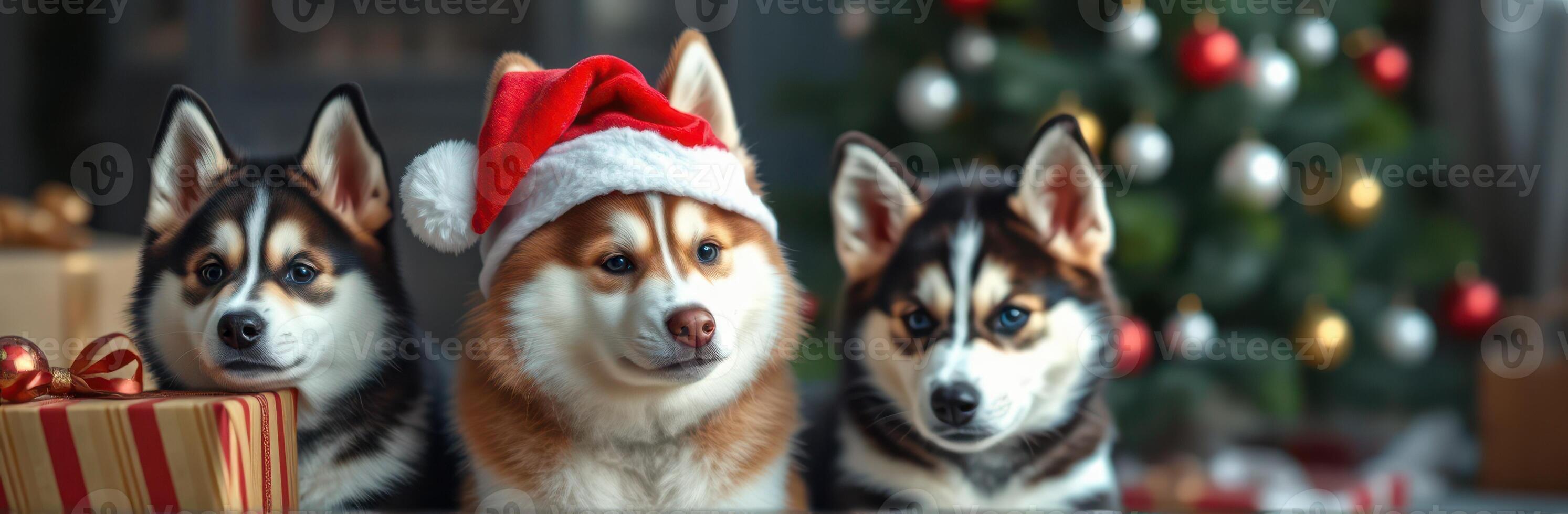 Three playful dogs wearing Christmas hats near a decorated tree and wrapped gifts during a festive celebration photo