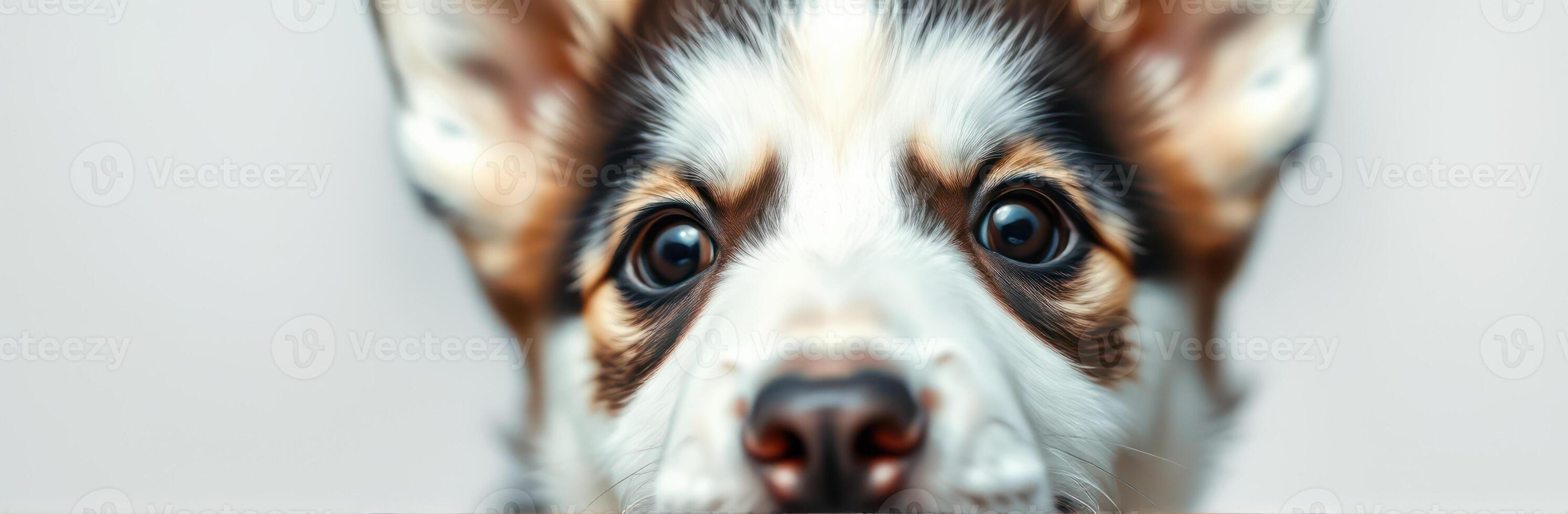Cute puppy with big expressive eyes looking directly at the viewer in a calm indoor setting photo