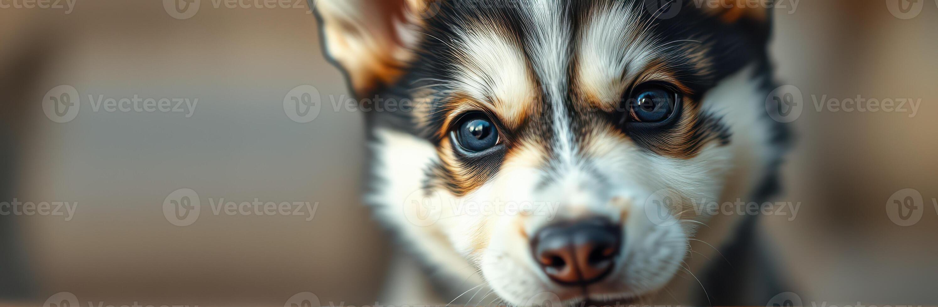 Playful puppy with striking blue eyes rests during a sunny afternoon in a cozy outdoor setting photo
