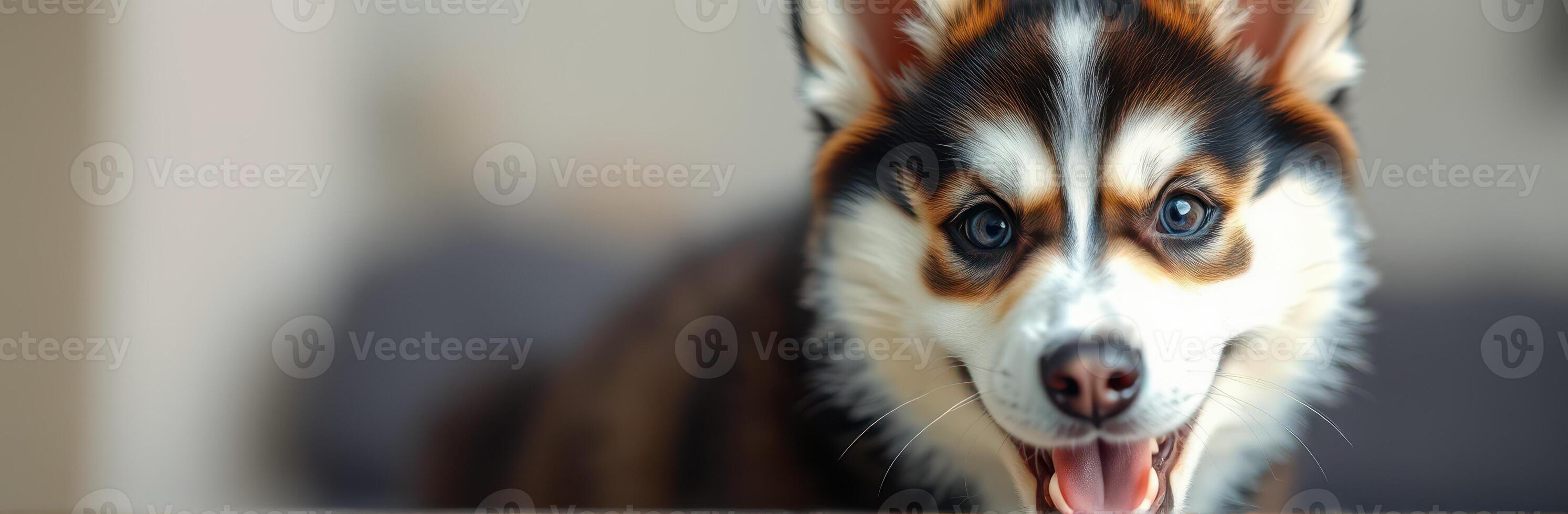 Happy dog with expressive eyes enjoying indoor playtime in a cozy setting photo