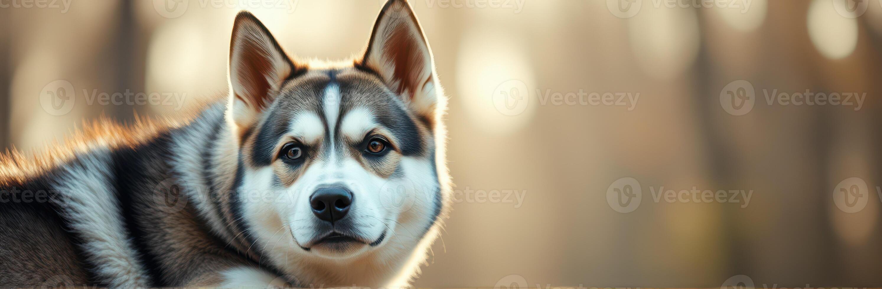 Beautiful husky enjoying a serene moment in a tranquil forest during golden hour photo