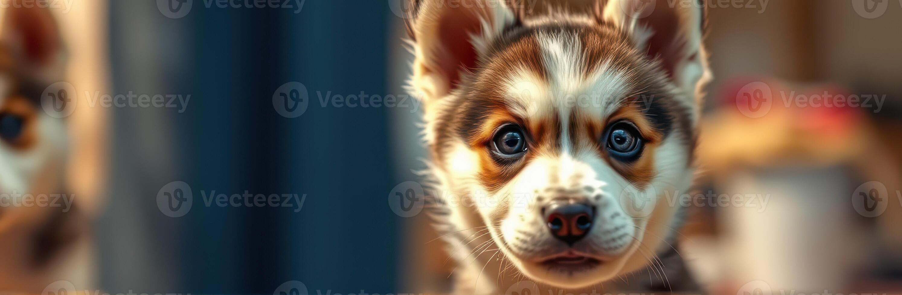 Cute puppy with blue eyes looks curiously at the camera in a cozy indoor setting during daytime photo