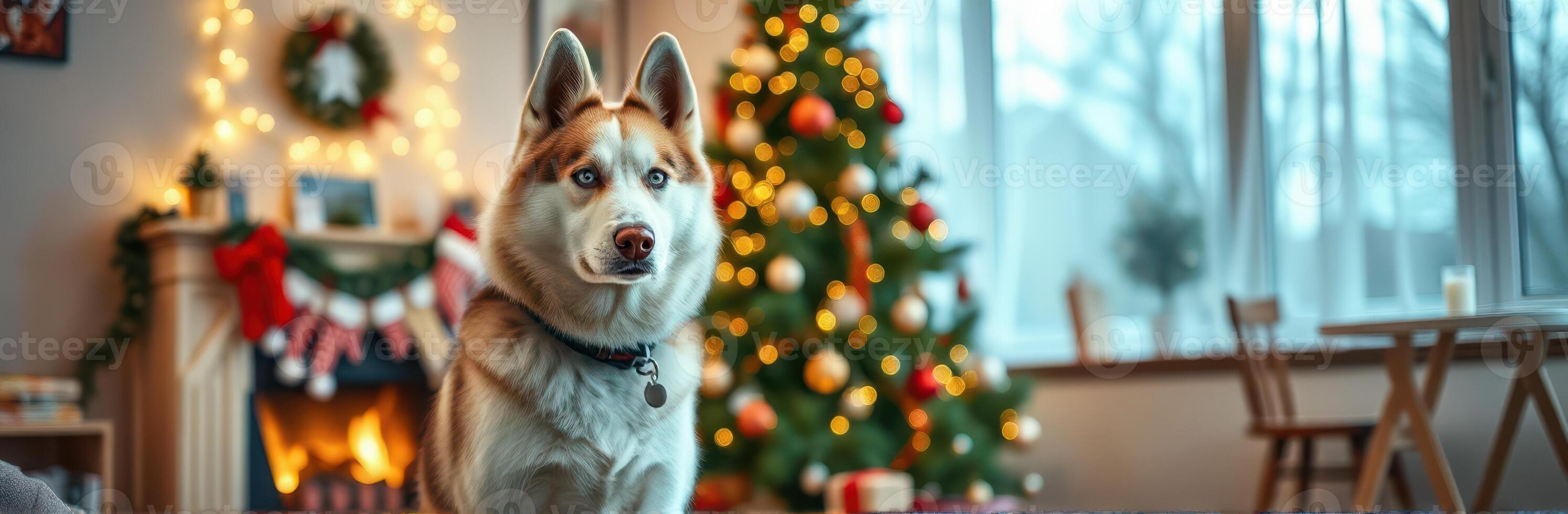 A husky dog posing in a cozy living room decorated for the holiday season with a Christmas tree and fireplace photo