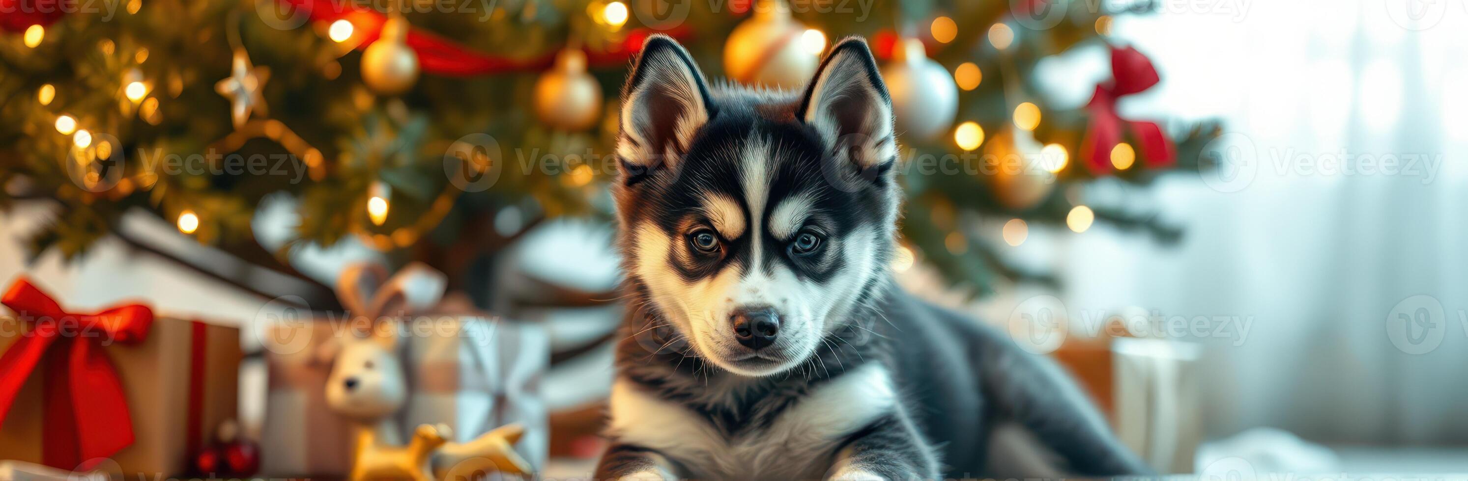 Cute husky puppy lying in front of a decorated Christmas tree with gifts and soft lights in a cozy indoor setting photo