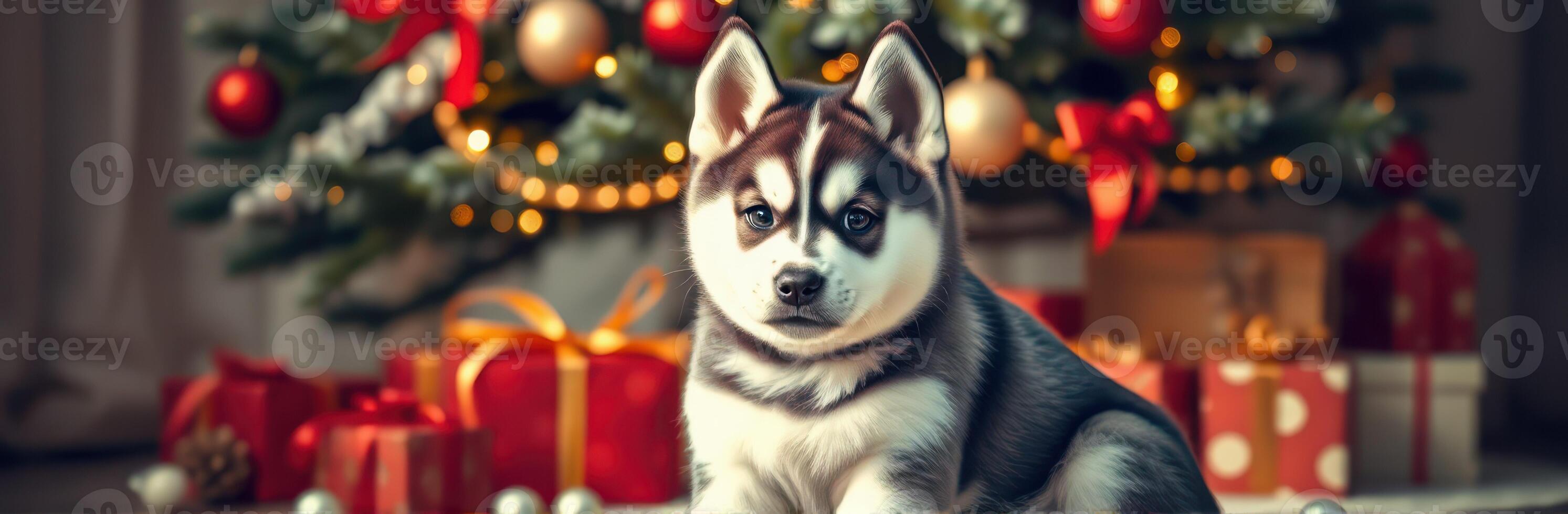 Cute husky puppy sitting in front of a decorated Christmas tree with gifts and ornaments creating a festive atmosphere photo