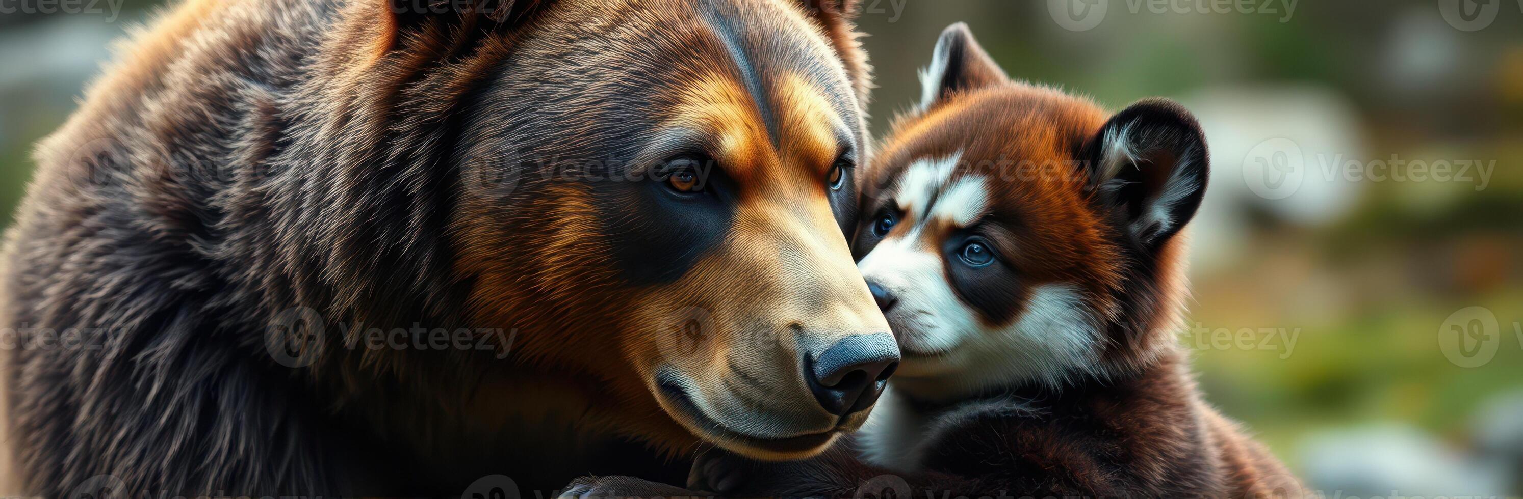 Bear and cub share a tender moment in the forest during golden hour light photo