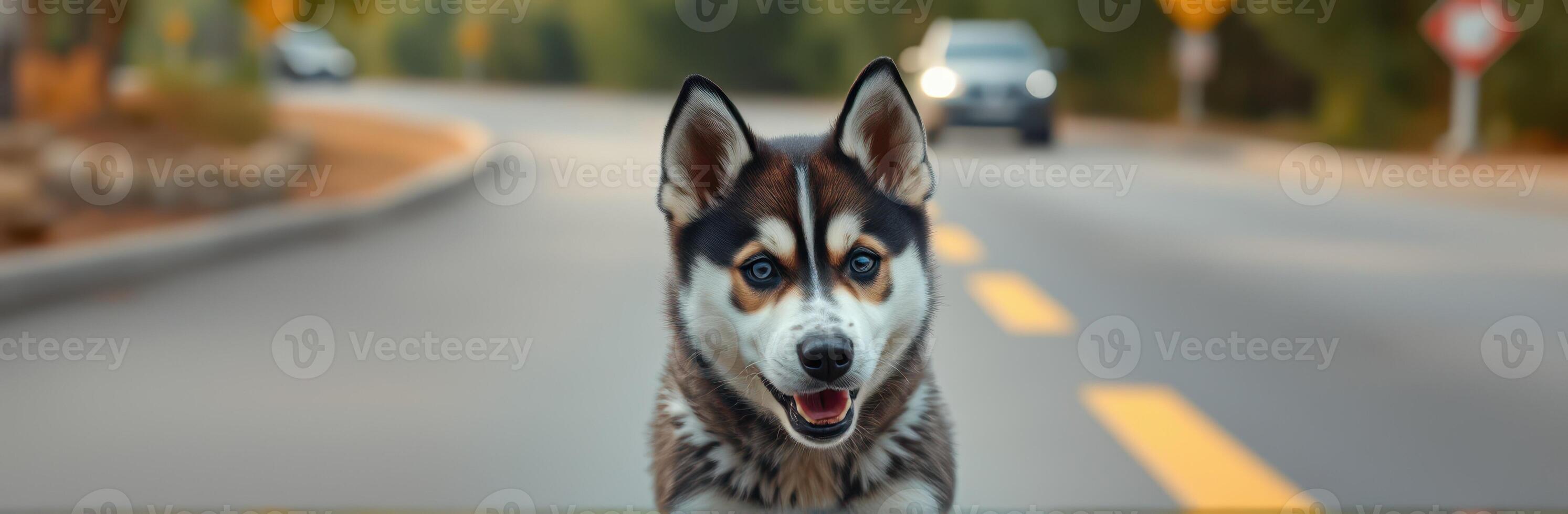 Dog running in the middle of an empty road on a sunny day in a scenic area photo