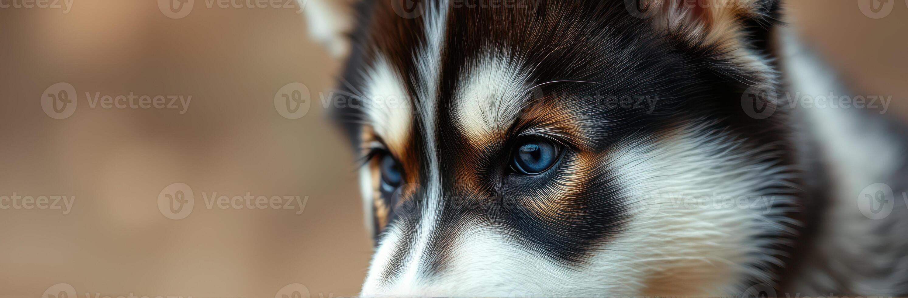 Close-up of an adorable husky puppy with striking blue eyes in a blurred natural background photo