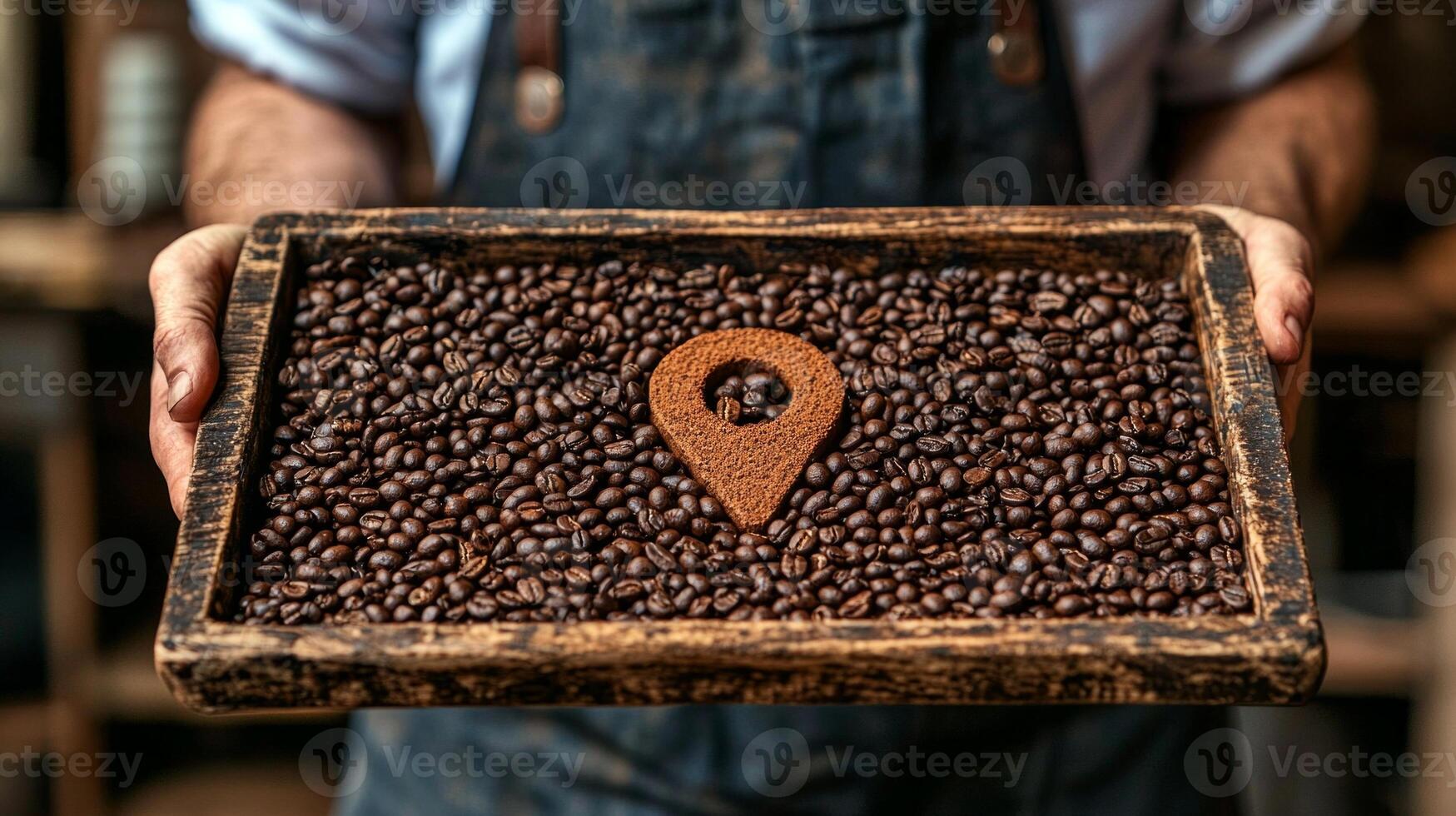 Barista in stylish apron holds tray coffee beans arranged in geolocation pin shape. Warm lighting enhances rich tones as cafe buzzes softly in background photo