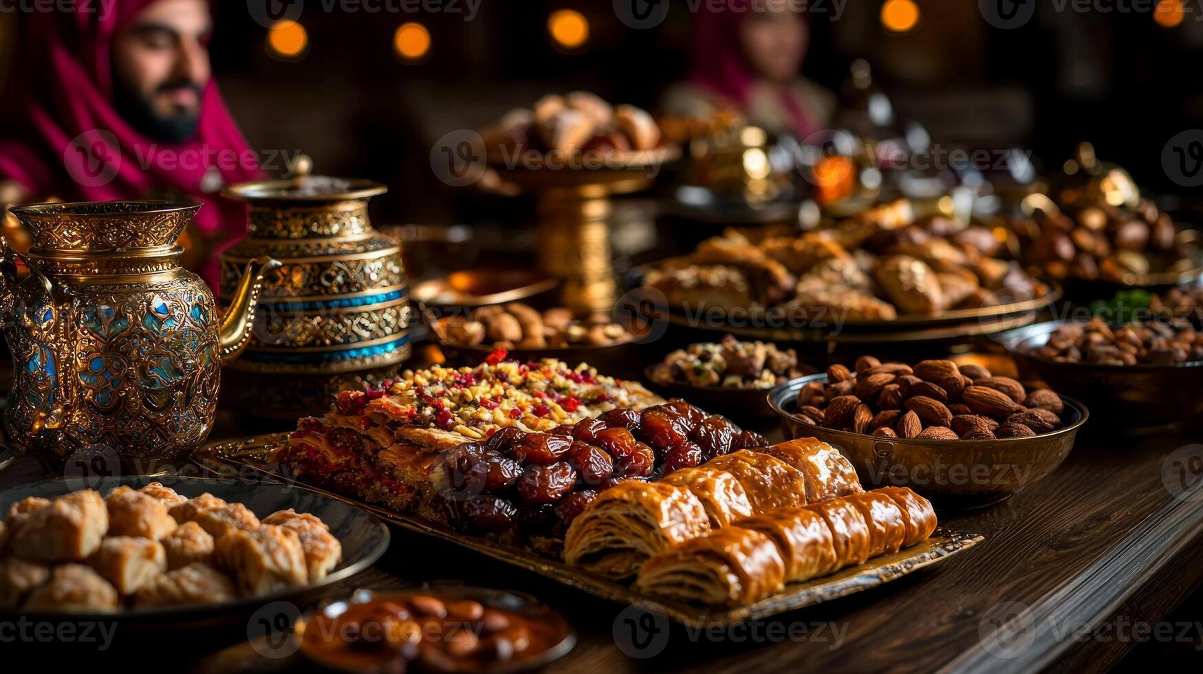 stunning table display during Eid al Fitr boasts baklava maamoul dates and nuts surrounded elegant decor and family enjoying celebration together photo