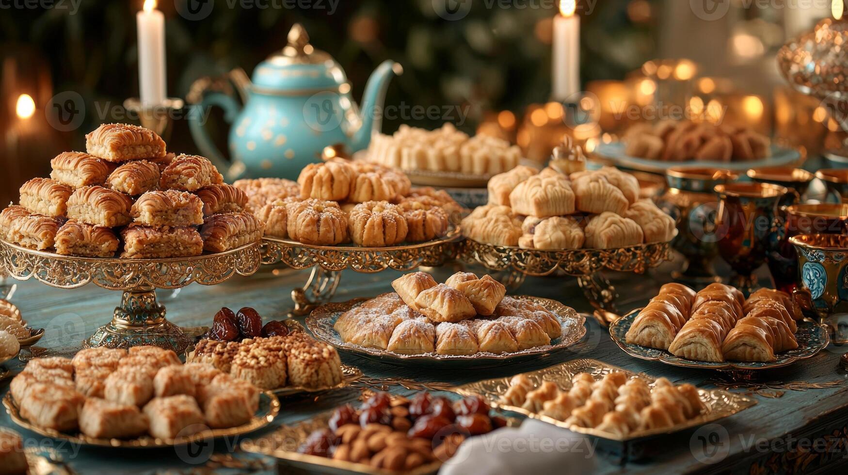 extensive spread for Eid al Fitr showcases delightful treats including baklava and maamoul arranged on ornate table adorned gold and blue accents creating festive atmosphere photo