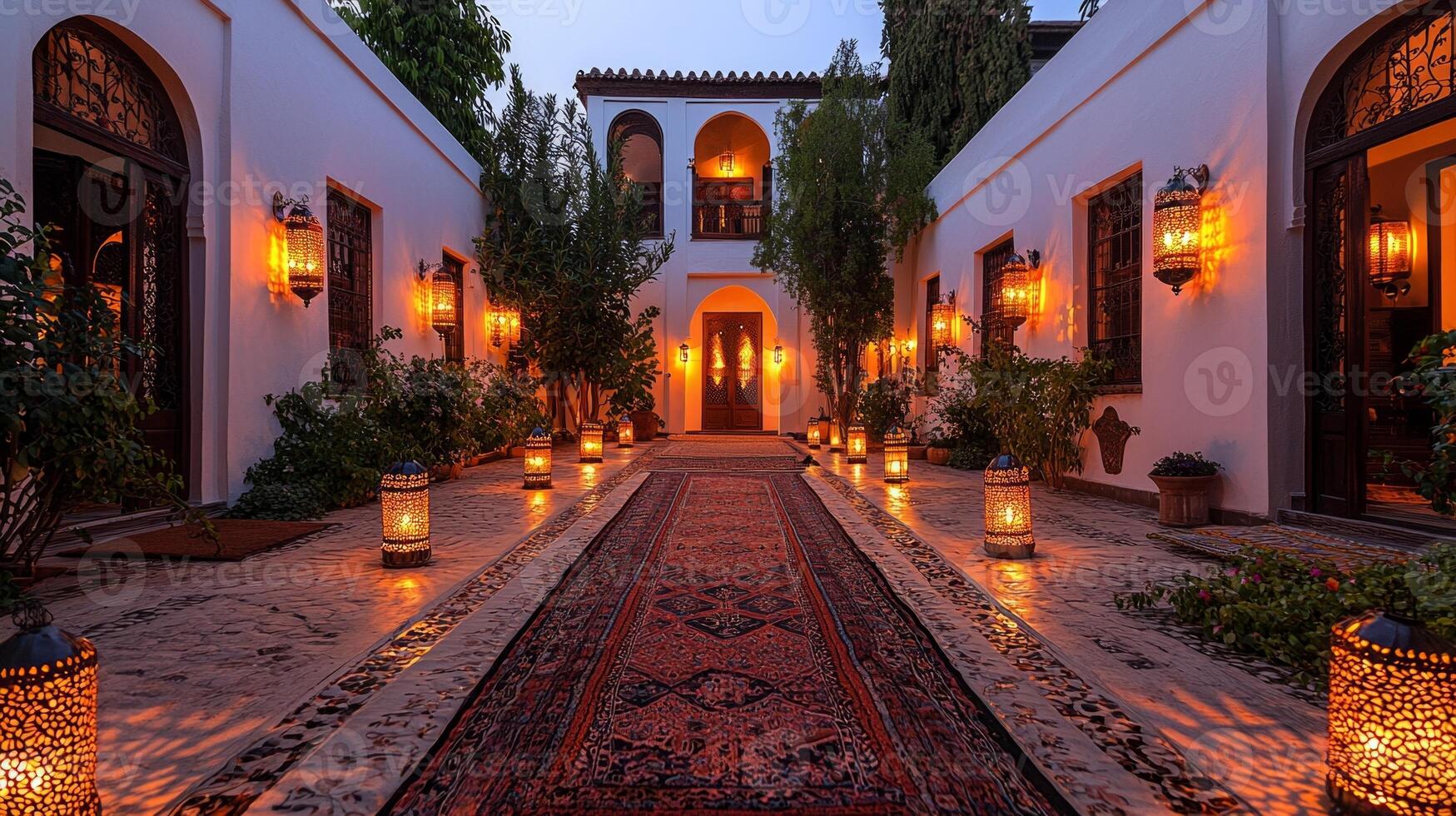 Glowing lanterns and colorful fabrics transform Middle Eastern courtyard creating serene atmosphere for family gatherings and celebration during Ramadan photo