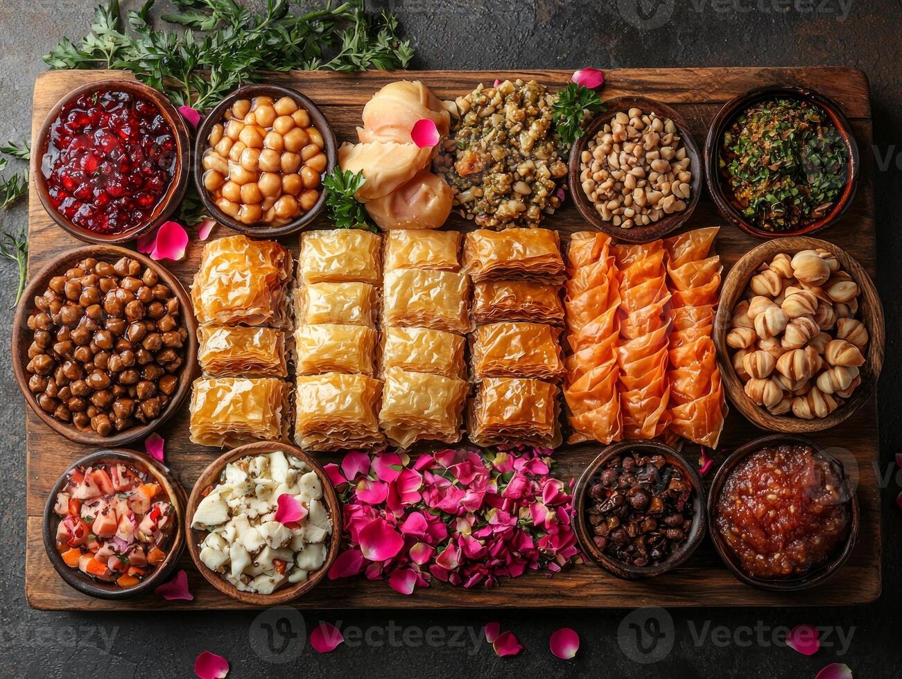 stunning presentation of variety of traditional Ramadan desserts is showcased on wooden tray. Baklava qatayef and knafeh are complemented fresh rose petals creating festive atmosphere photo
