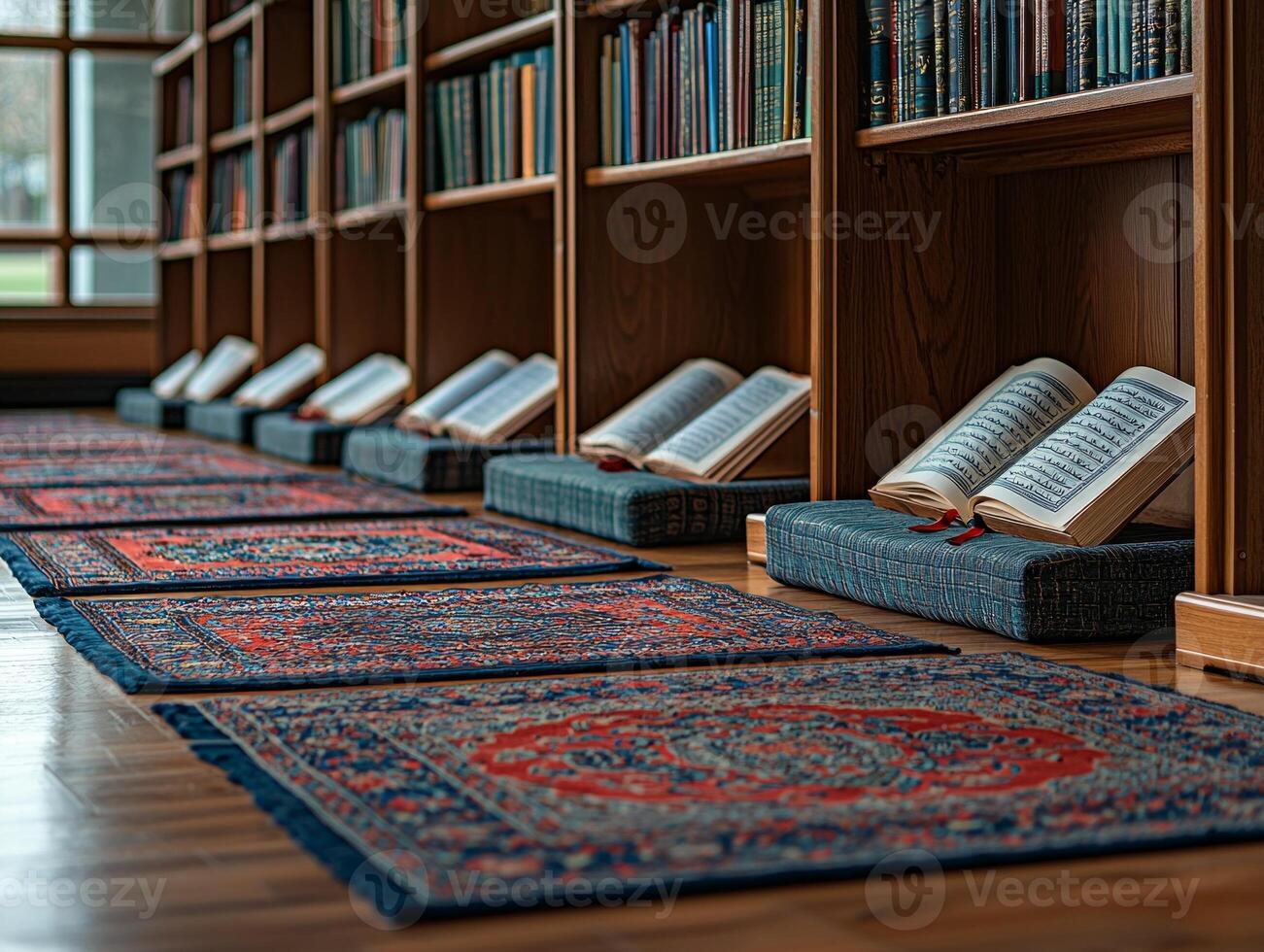 Rows of vibrant prayer mats align in mosque each displaying open Mushaf for worshippers. Intricate designs enhance serene space inviting prayer and reflection photo