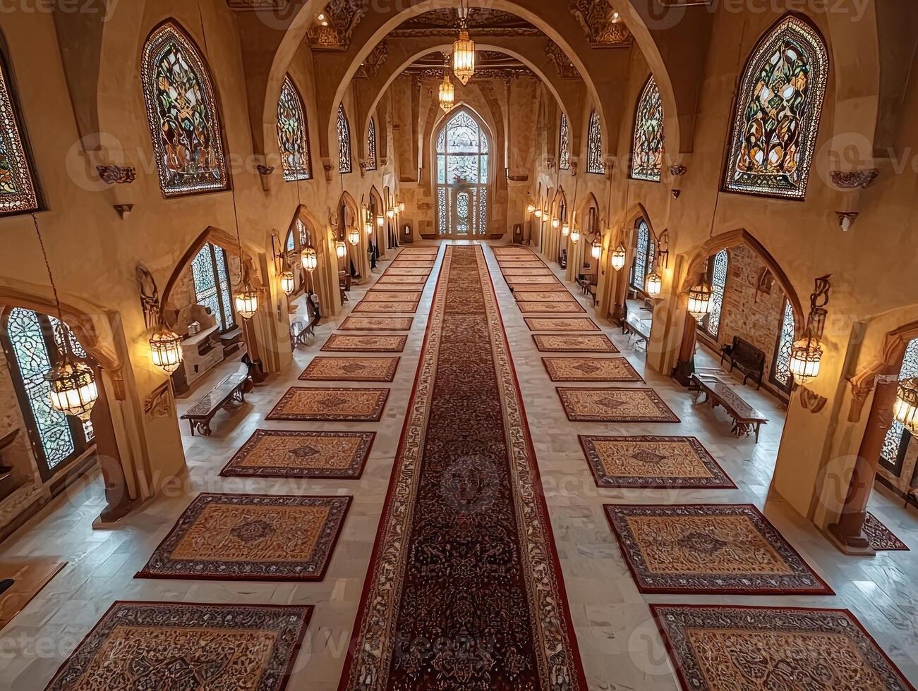 Rows of intricately designed prayer mats are set in mosque open Mushafs on each mat. setting is vibrant and ready for worshippers during Eid al Fitr celebrations photo