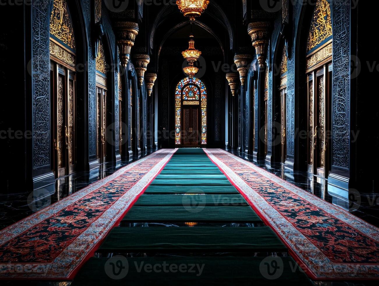 Rows of prayer mats are set for worshippers in mosque each open Mushaf. Intricate designs adorn walls enhancing sacred environment during prayers photo