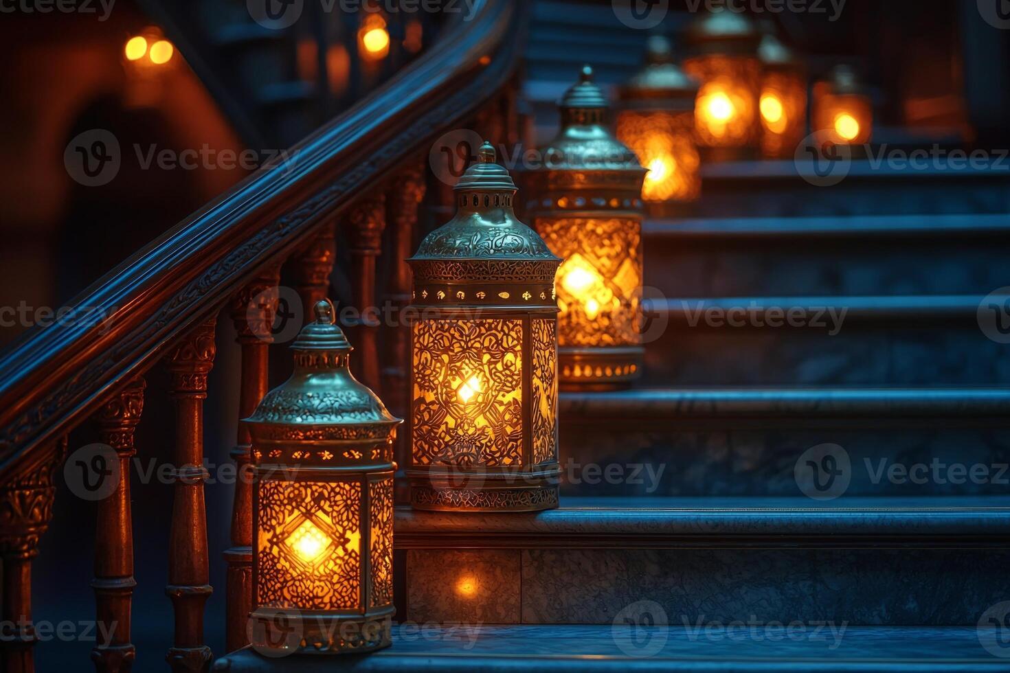 Warm golden lanterns line staircases creating inviting atmosphere for Eid al Fitr celebration. inviting setting enhances joy of familial gatherings and traditions photo
