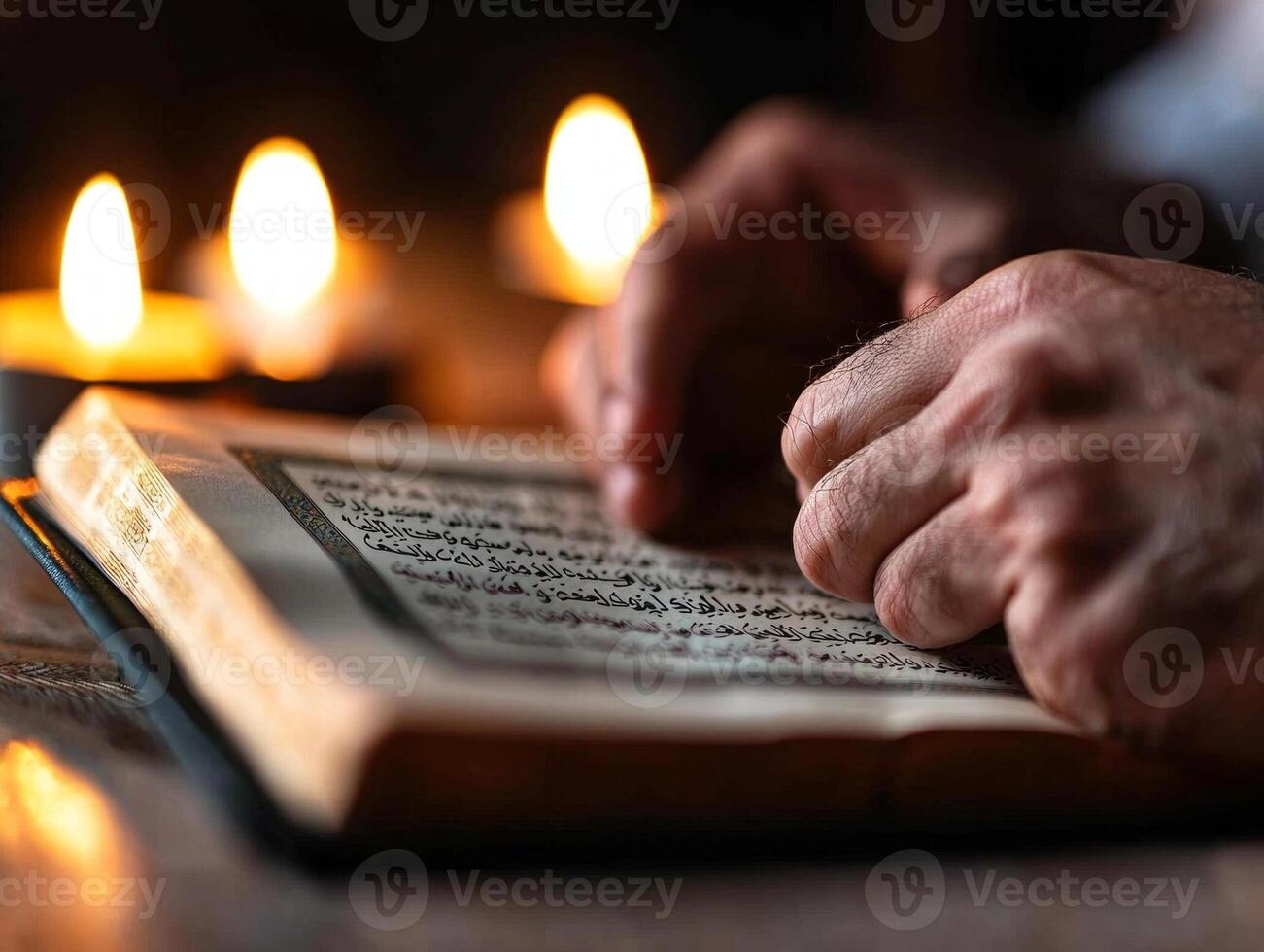 Hands are raised in prayer while reflecting on Quran softly illuminated flickering candlelight. moment captures essence of Islamic devotion during festive occasion photo