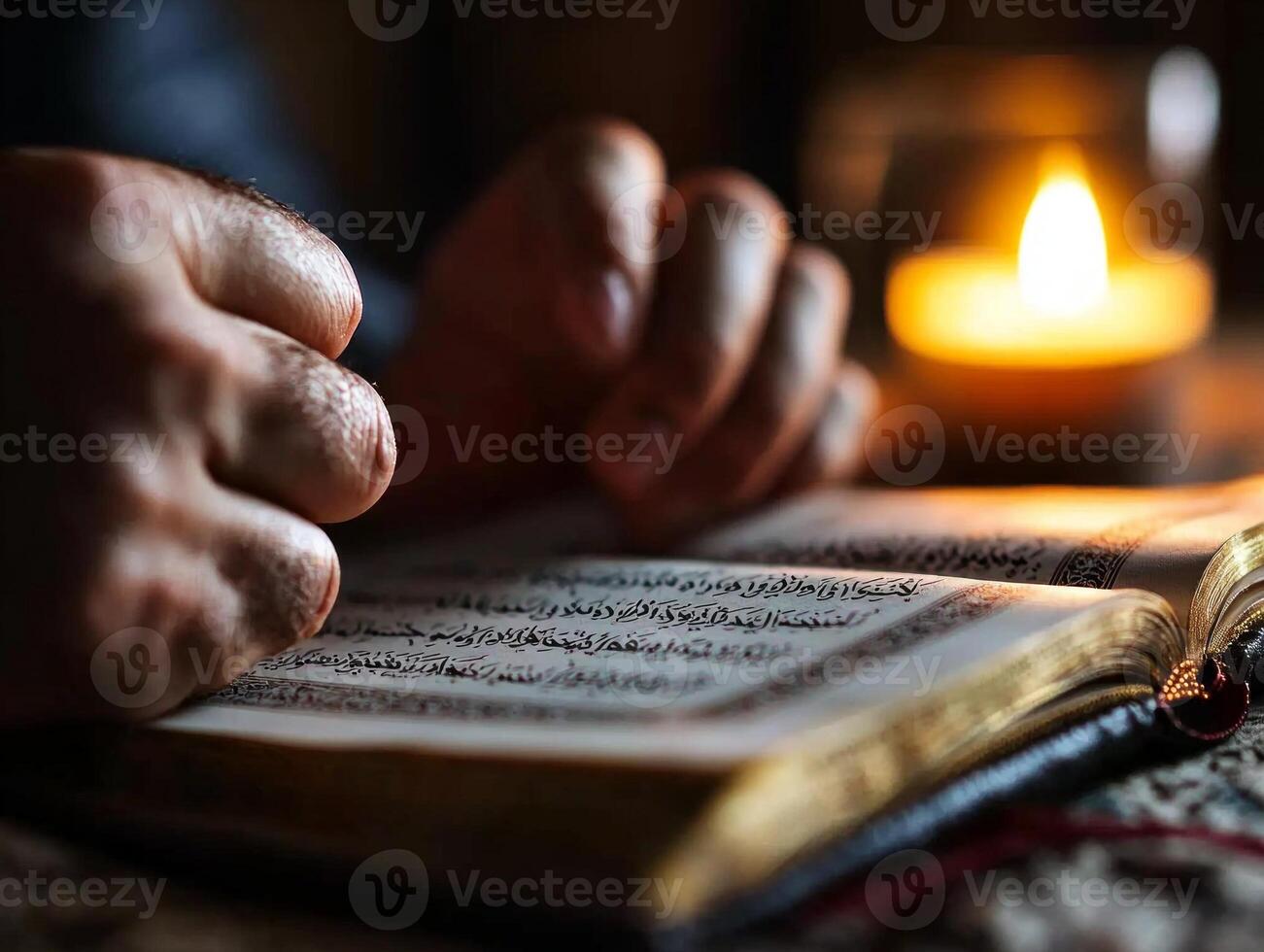 Candlelight flickers as hands are raised in sincere prayer open Quran in view embodying spirit of unity and reflection during Eid al Fitr festivities family photo