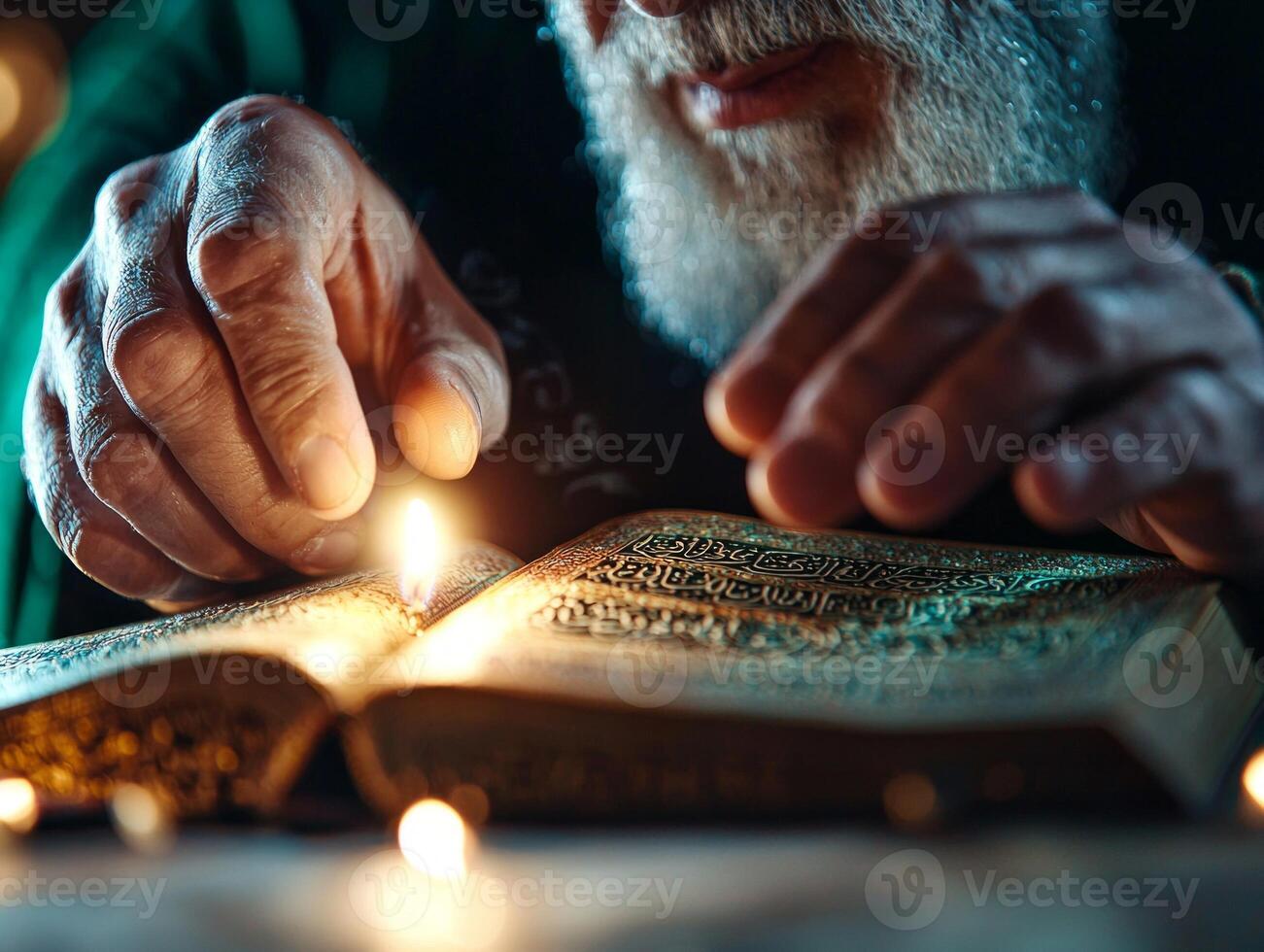 In close up setting hands are raised in Dua warm candlelight glow. open Quran intricate Arabic calligraphy sits in foreground symbolizing devotion during Eid al Fitr photo