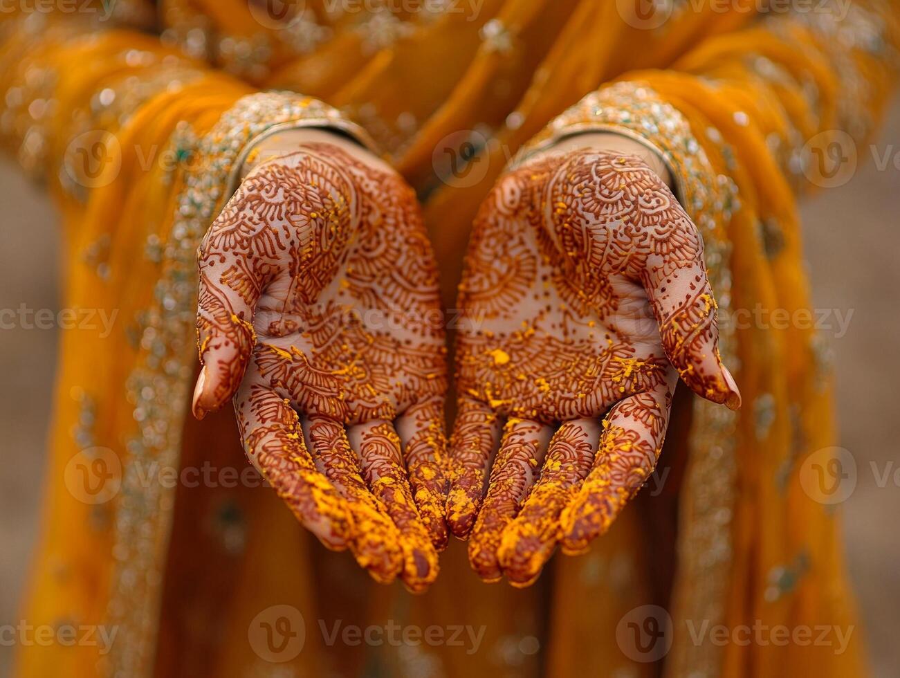 Delicate hands intricate henna designs gracefully adjust golden scarf while illuminated warm evening light during festive Eid al Fitr gathering reflecting family traditions photo