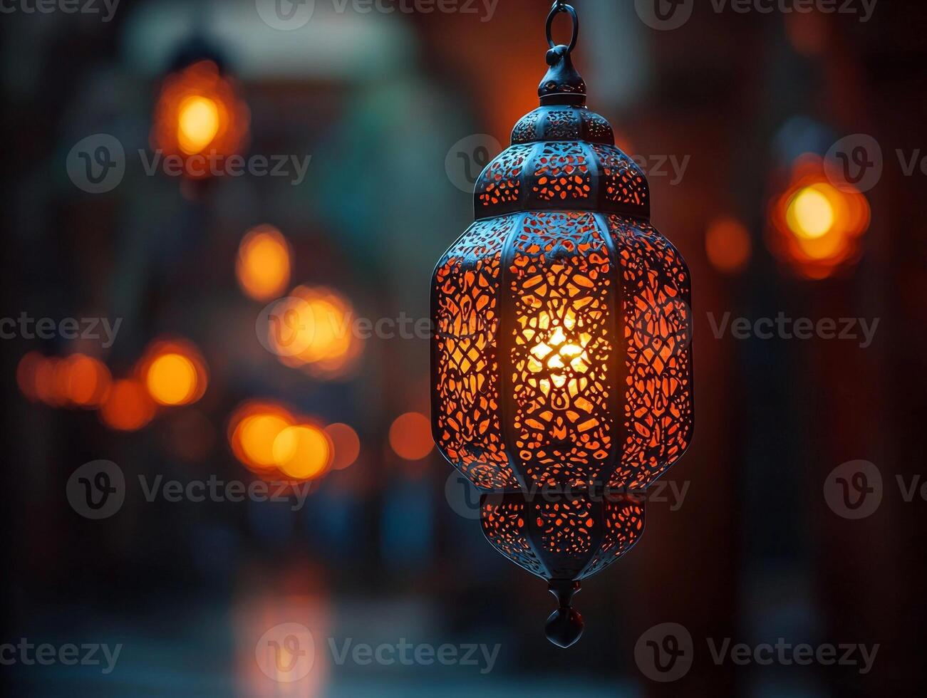 beautifully decorated lantern hangs illuminating wall golden patterns. scene captures essence of Ramadan festivities evoking warmth and tranquility photo