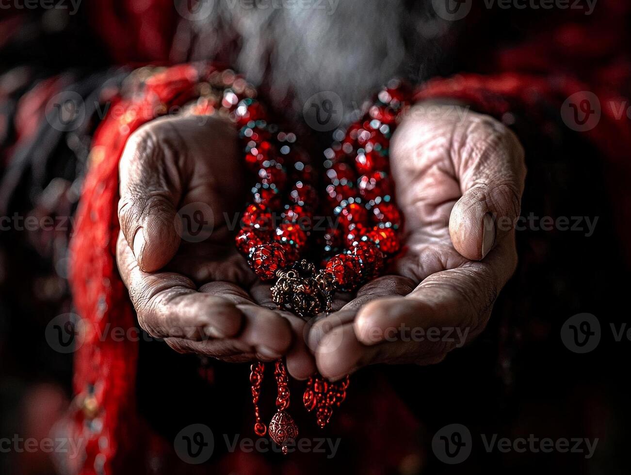 pair of hands gently hold prayer beads showing deep concentration as they reflect on meaningful traditions during Eid al Fitr. soft illumination highlights significance of moment photo