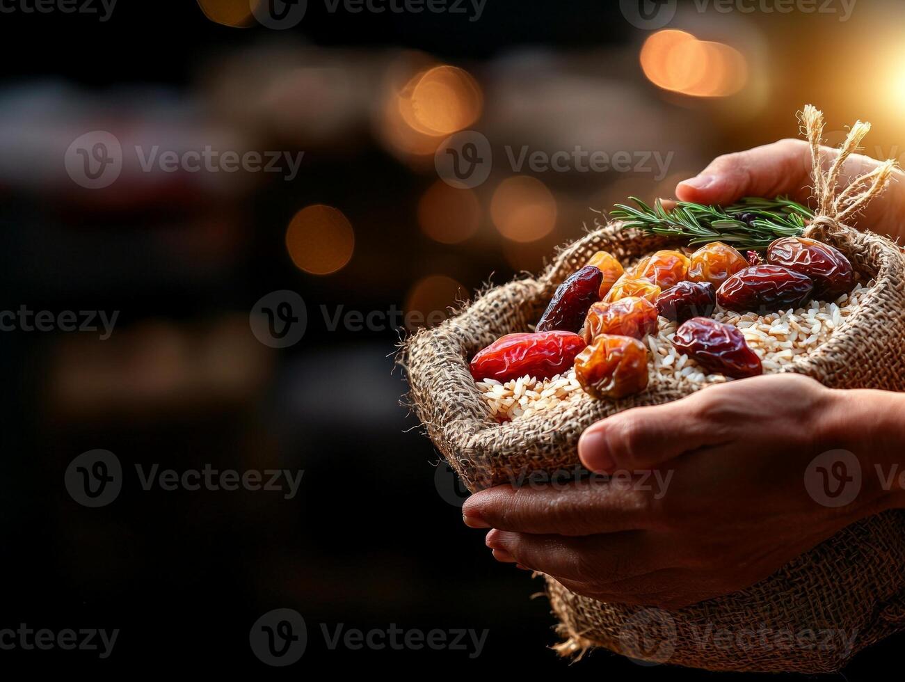 Hands skillfully tie burlap bag filled rice and dates preparing for Ramadan food donation amidst stacks of food supplies softly blurred in background photo