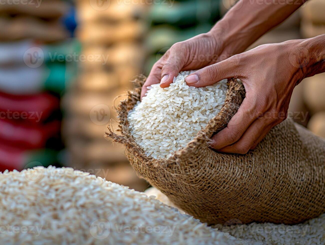 Close up of hands carefully tying up bag filled rice and dates preparing for Ramadan food donation amidst stacks of supplies. highlights spirit of sharing and community support photo