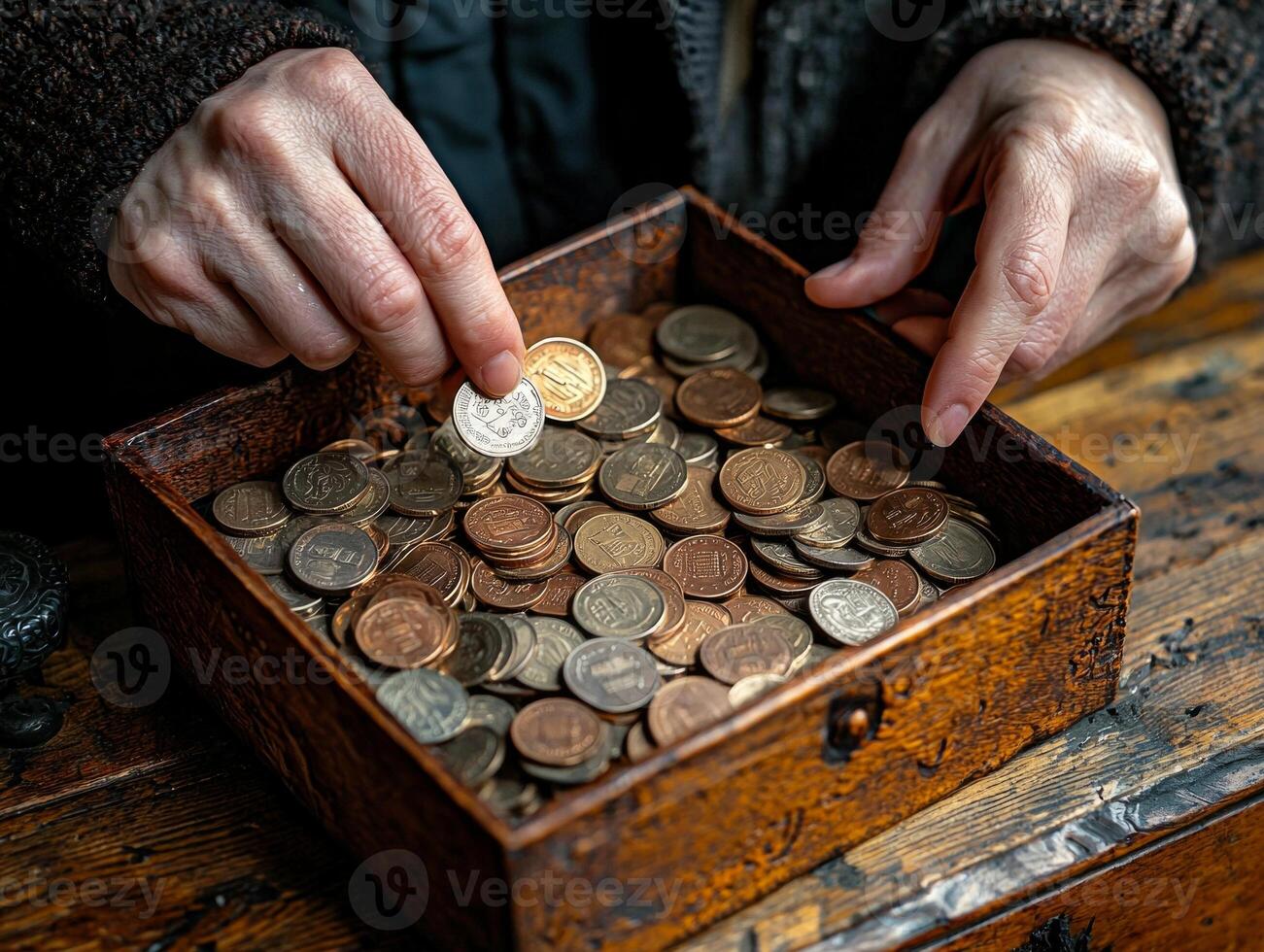 Hands gently place coins into wooden charity box highlighted soft golden lighting embodying spirit of giving during Eid al Fitr and family traditions photo