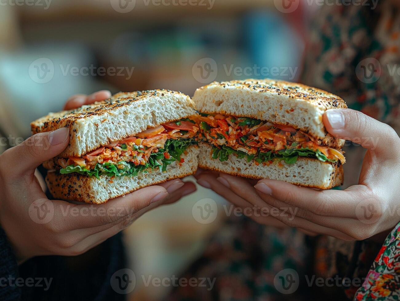 Two children share sandwich in warm atmosphere their hands gently exchanging food in gesture of friendship. Soft natural lighting enhances scene's warmth and kindness photo