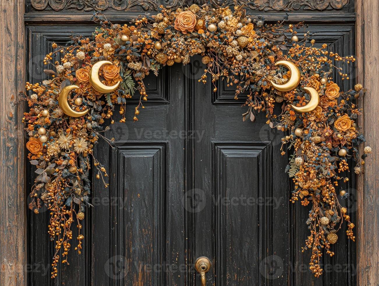 beautifully crafted Ramadan wreath adorned dried flowers and golden crescent moons hangs gracefully on dark wooden door enhanced delicate fairy lights for festive touch photo
