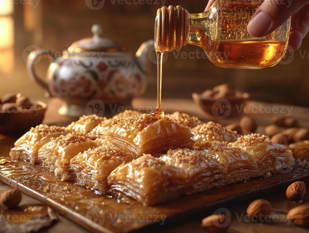 Golden layers of baklava glisten as honey is poured over them. decorative teapot and nuts are elegantly displayed in warm light creating festive atmosphere photo