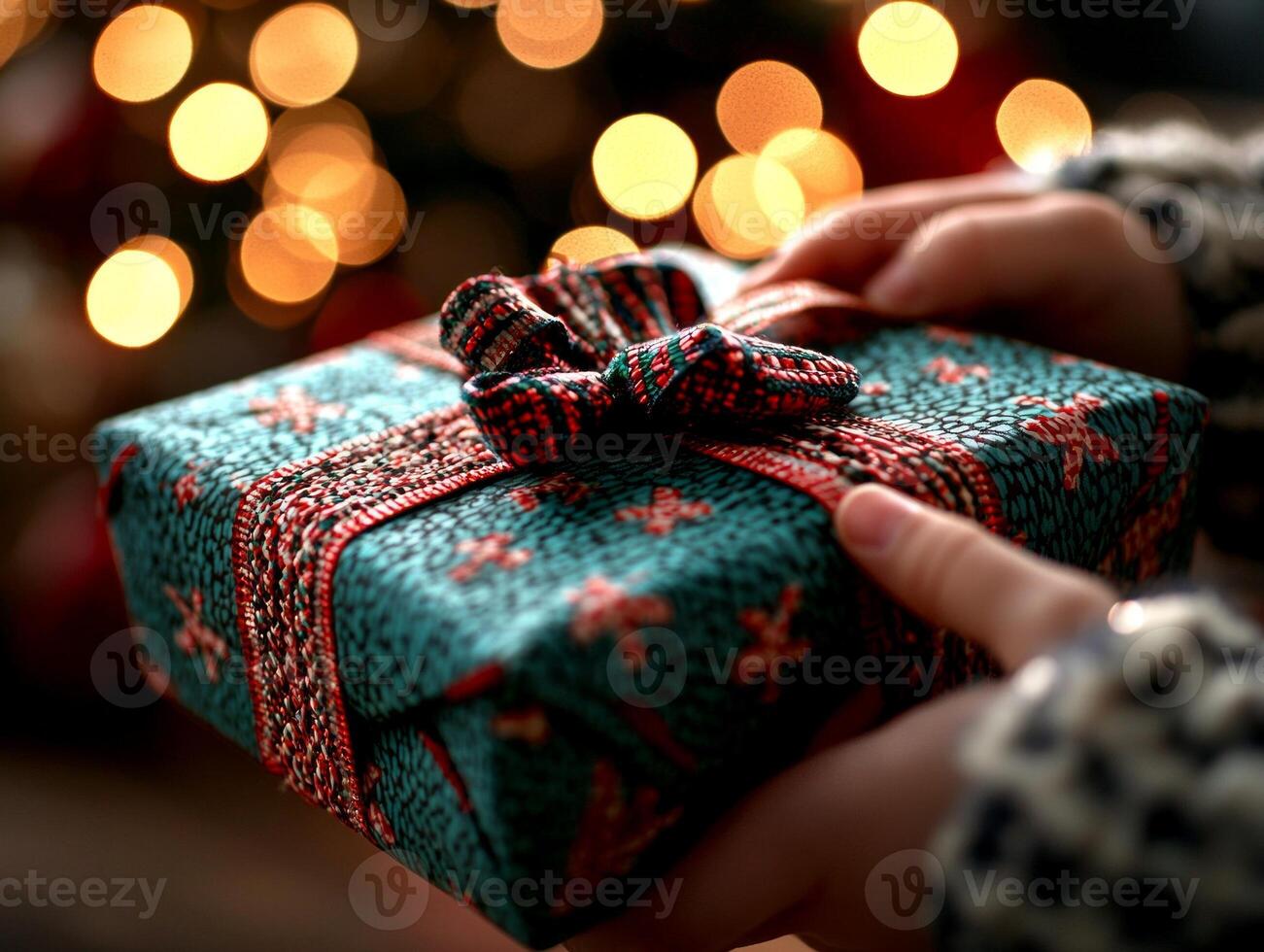 Soft hands carefully untie festive ribbon from brightly wrapped gift while surrounded enchanting bokeh lights capturing joy of Eid al Fitr traditions and family gatherings photo