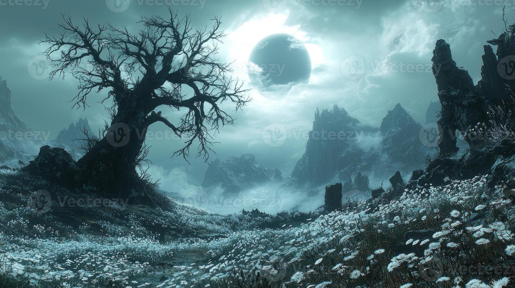 Countless lost souls drift through pale field of flowers their faces blurred in ethereal landscape. twisted tree stands in center reaching dark sky whispering secrets photo