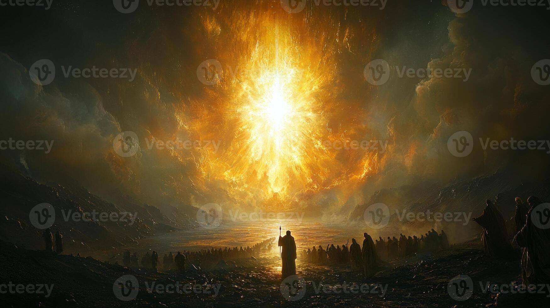 Moses stands his staff raised parting Nile's waters as Israelites walk forward in awe illuminated divine light amidst dark clouds symbolizing hope and liberation photo