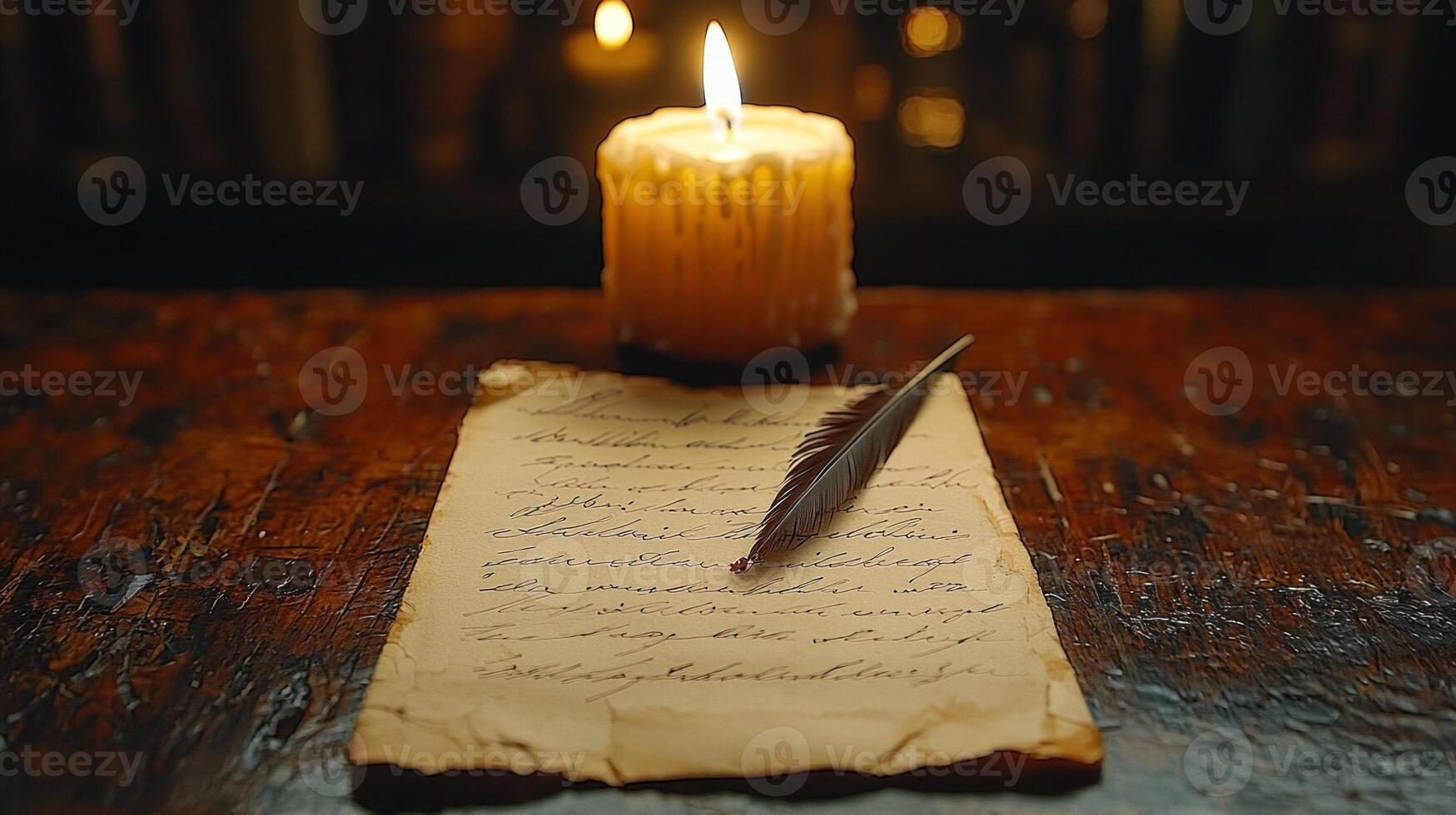 Vintage writing desk illuminated flickering candlelight features quill carefully dipped in red ink while half written confession rests on aged parchment inviting reflection photo